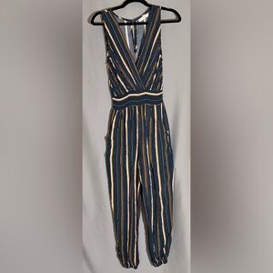 Chic V-Neck Striped Jumpsuit - Navy and Beige
